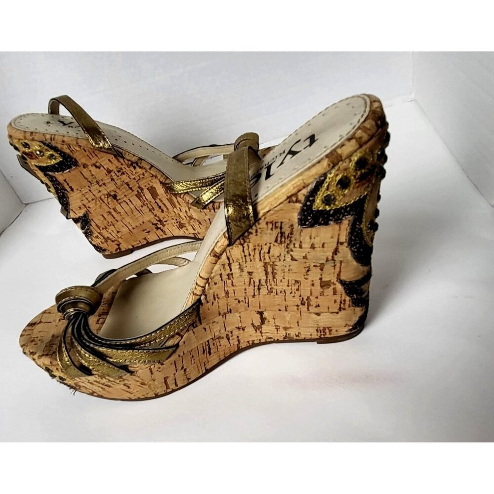 Richard Tyler Wedges Beads Embroidery Brown and Gold Sandals Size 6.5 - Picture 2 of 14